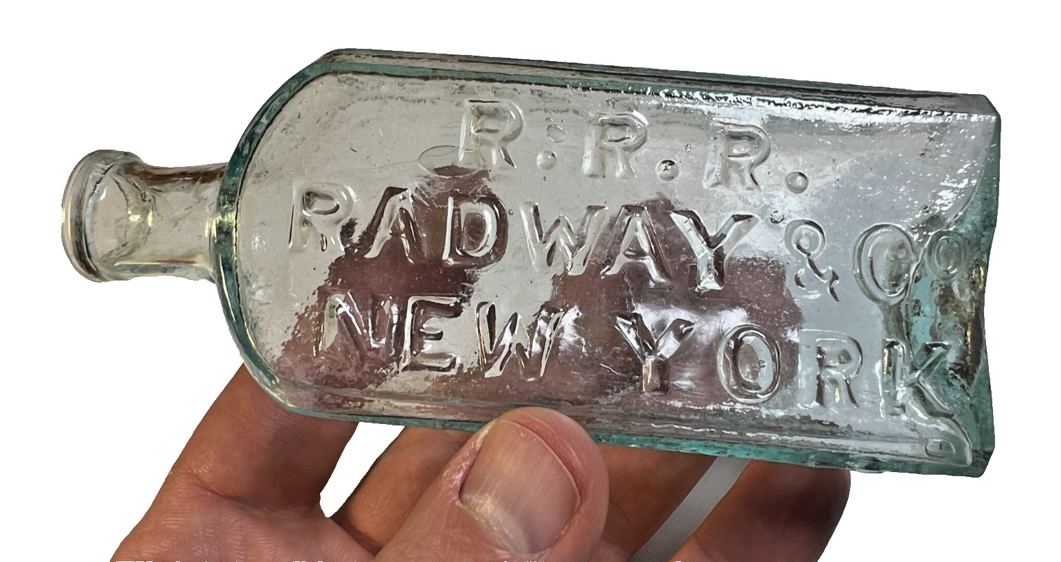 Antique 1840s RRR Radway & Co New York NY NYC Open Pontil Med Bottle Rolled Lip