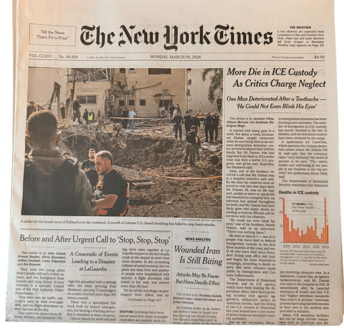 The New York Times Newspaper March 30 2026 More Die in ICE Custody UNREAD Paper The New York Times Newspaper March 30 2026 More Die in ICE Custody UNREAD Paper