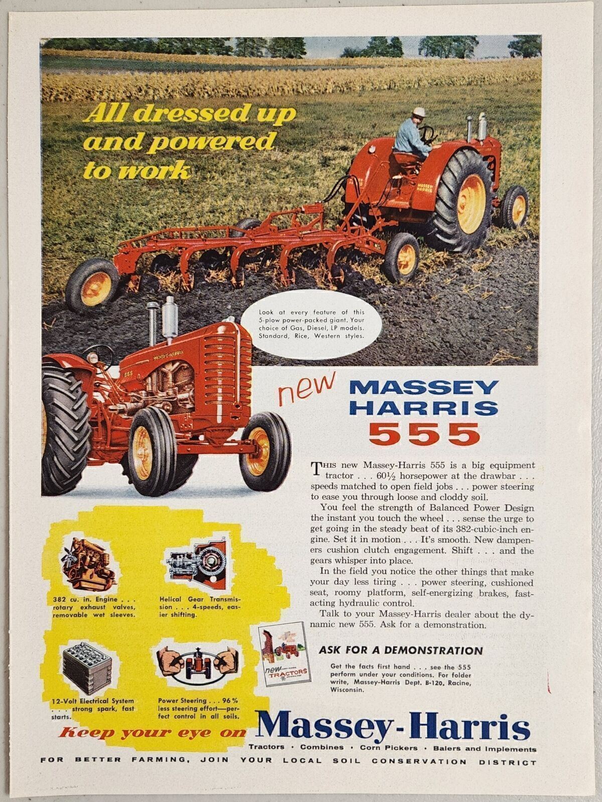 1952 Print Ad Massey-Harris 555 Tractors Power Packed 5-Plow Racine,Wisconsin