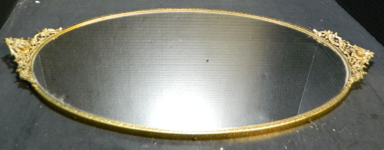 Vintage Oval Filigree Brass Vanity Dresser Mirror Tray 21\ Vintage Oval Filigree Brass Vanity Dresser Mirror Tray 21\