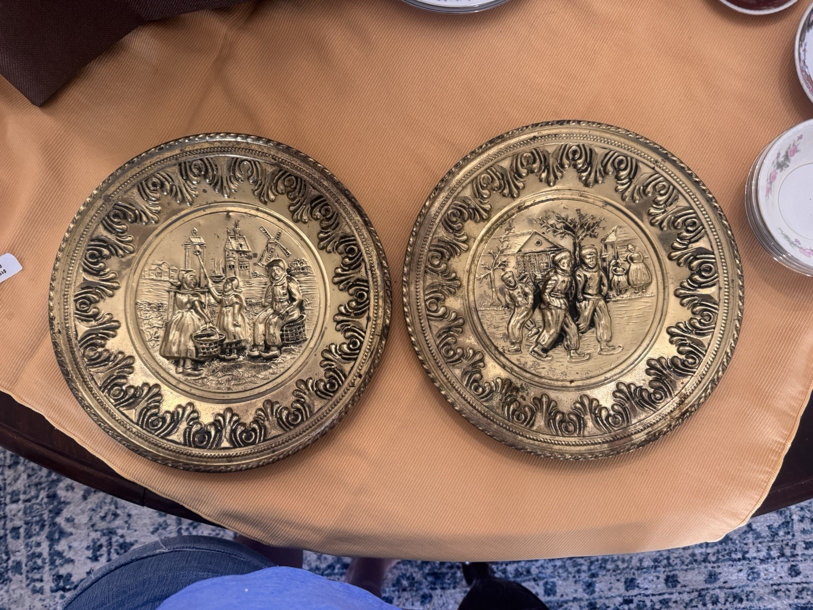 Vintage Pair Brass-Tone Metal Wall Plates Embossed Dutch Village Scenes Vintage Pair Brass-Tone Metal Wall Plates Embossed Dutch Village Scenes
