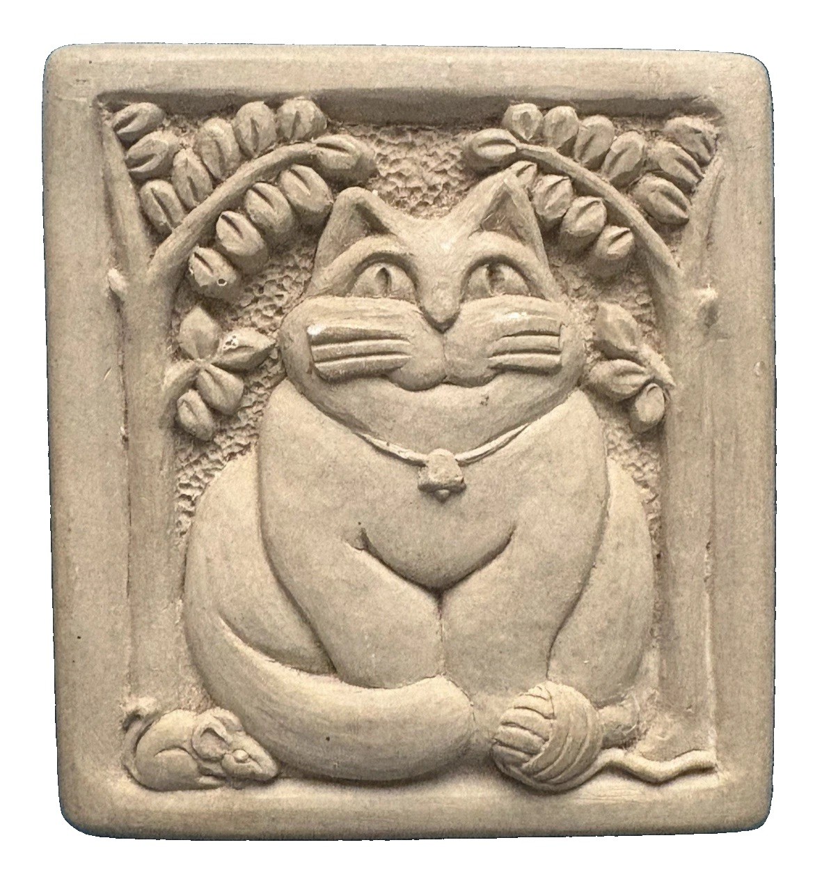CARRUTH STUDIO Smiling Fat Cat Kitty Small Stone Wall Plaque 1996 Signed