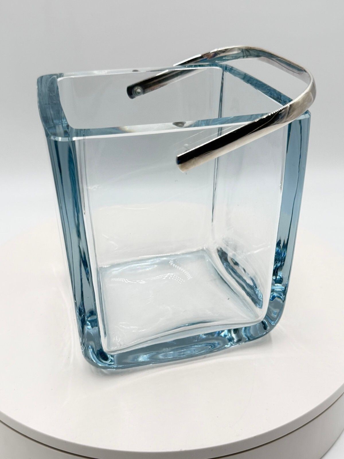 Vintage Cartier Crystal Square Ice Bucket Blue Tinted Glass Silver Handle Vintage Cartier Crystal Square Ice Bucket Blue Tinted Glass Silver Handle