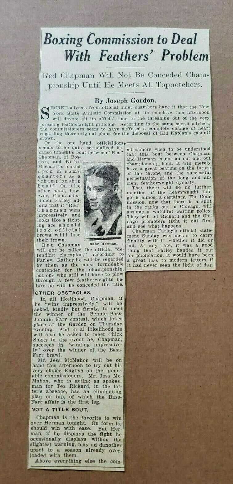 Red Chapman Babe Herman Article Pic New York American Newspaper July 1926 Boxer
