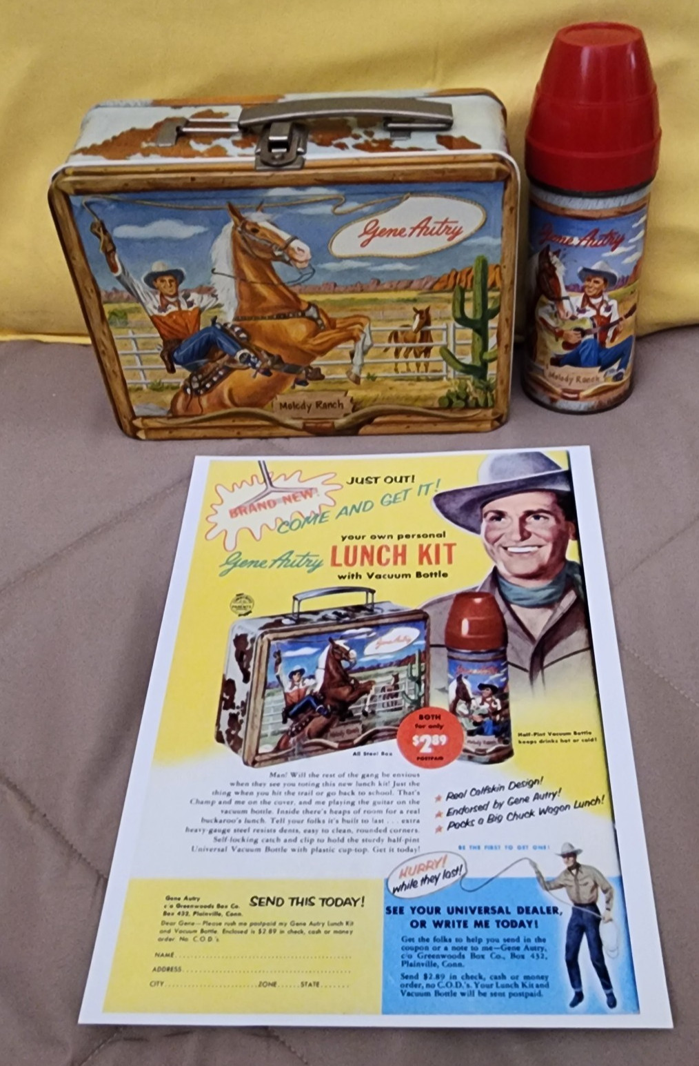 Vintage 1954 Gene Autry Lunch Box w/Thermos + Ad w/Order Form It's A Gem Rare Vintage 1954 Gene Autry Lunch Box w/Thermos + Ad w/Order Form It's A Gem Rare