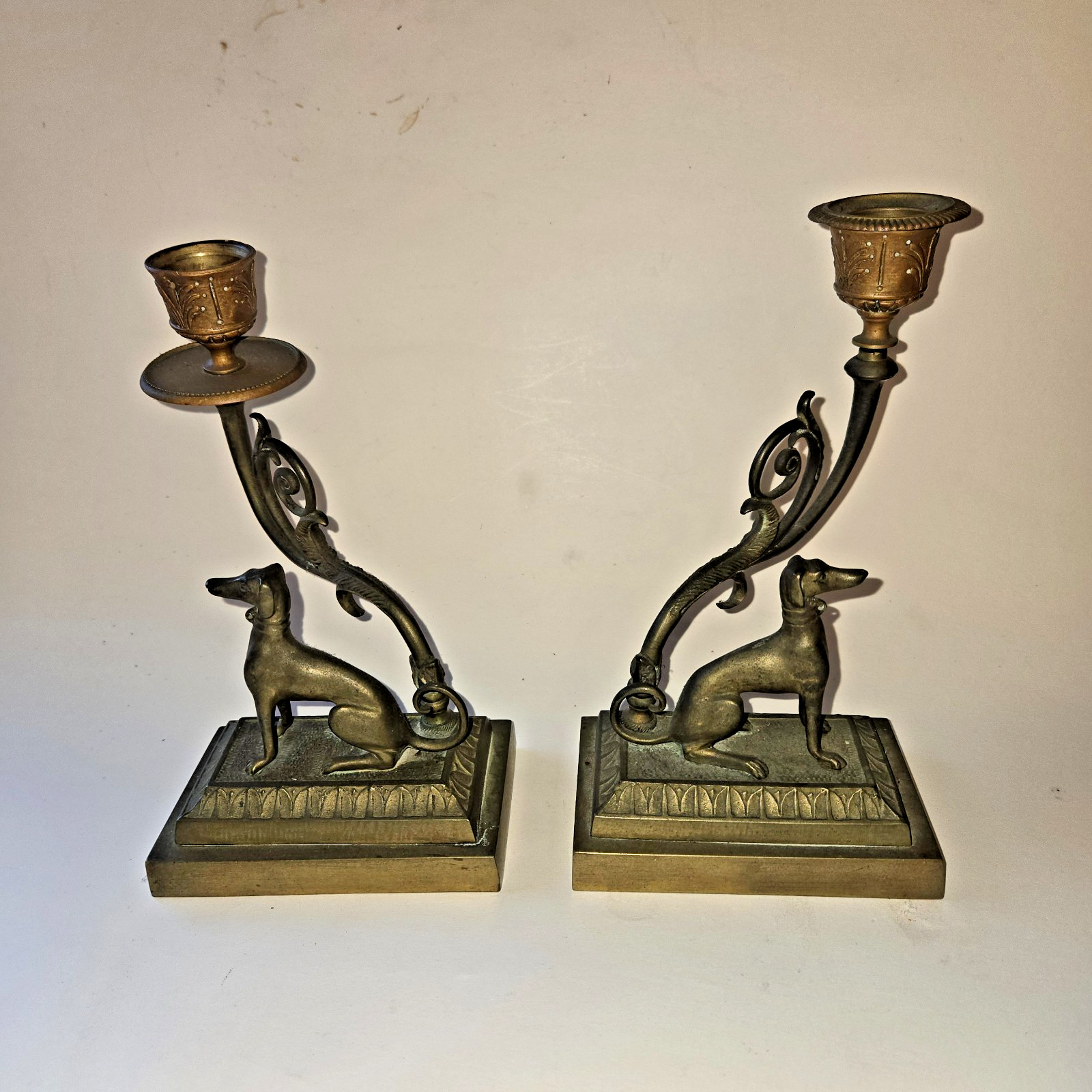 Vintage Brass Greyhound Whippet Candle Holders Pair Dog Figural Heavy Vintage Brass Greyhound Whippet Candle Holders Pair Dog Figural Heavy
