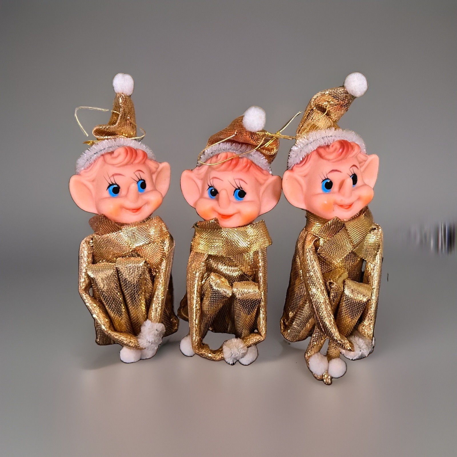 Lot of 3 Vintage Japan Knee Hugger Pixie Elf Ornaments Mid Century Gold Lame 