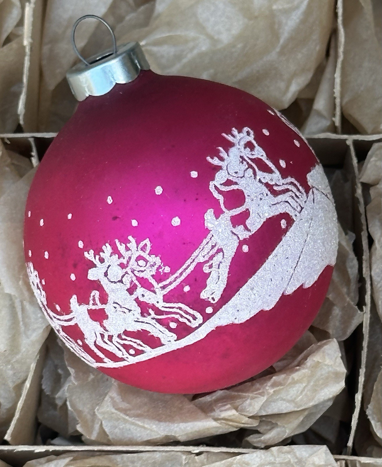 RARE VTG Franke USA Matte Pink Reindeer Sleigh Santa Snow Mica Stencil Ornament RARE VTG Franke USA Matte Pink Reindeer Sleigh Santa Snow Mica Stencil Ornament