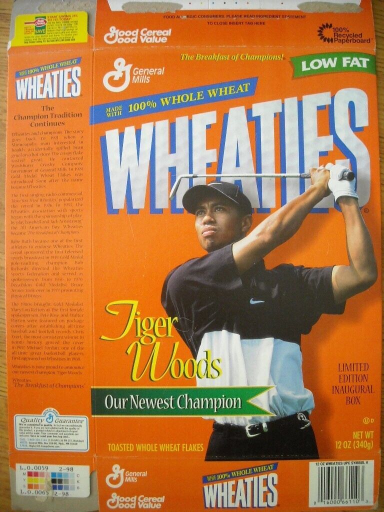 Tiger Woods 1997 Wheaties golf cereal box Our Newest Champion empty folded flat