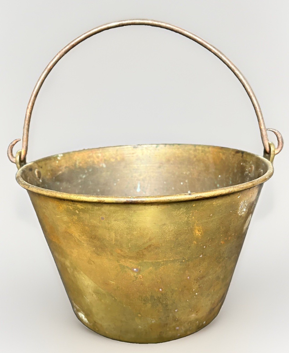 Antique Spun Brass Pal H.W. Hayden Waterbury CT Wrought Handle 1851 Antique Spun Brass Pal H.W. Hayden Waterbury CT Wrought Handle 1851