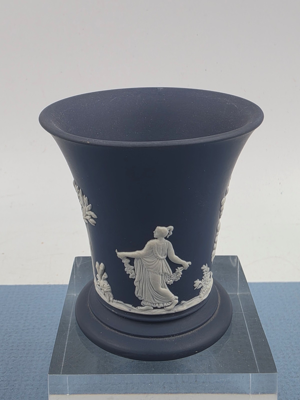 Vintage Wedgwood 2.75” Cobalt Blue Jasperware Vase Greek Mythology 1972 England Vintage Wedgwood 2.75” Cobalt Blue Jasperware Vase Greek Mythology 1972 England