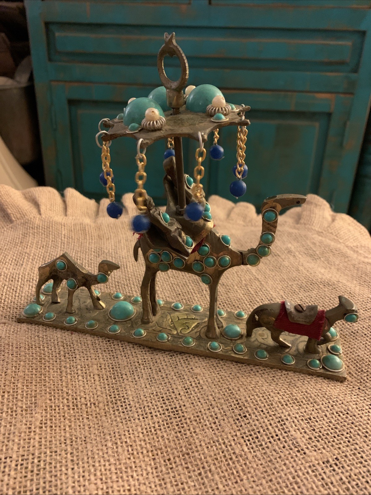 Vintage Solid Brass Caravan Camels Donkey Riders with Parasol Vintage Solid Brass Caravan Camels Donkey Riders with Parasol