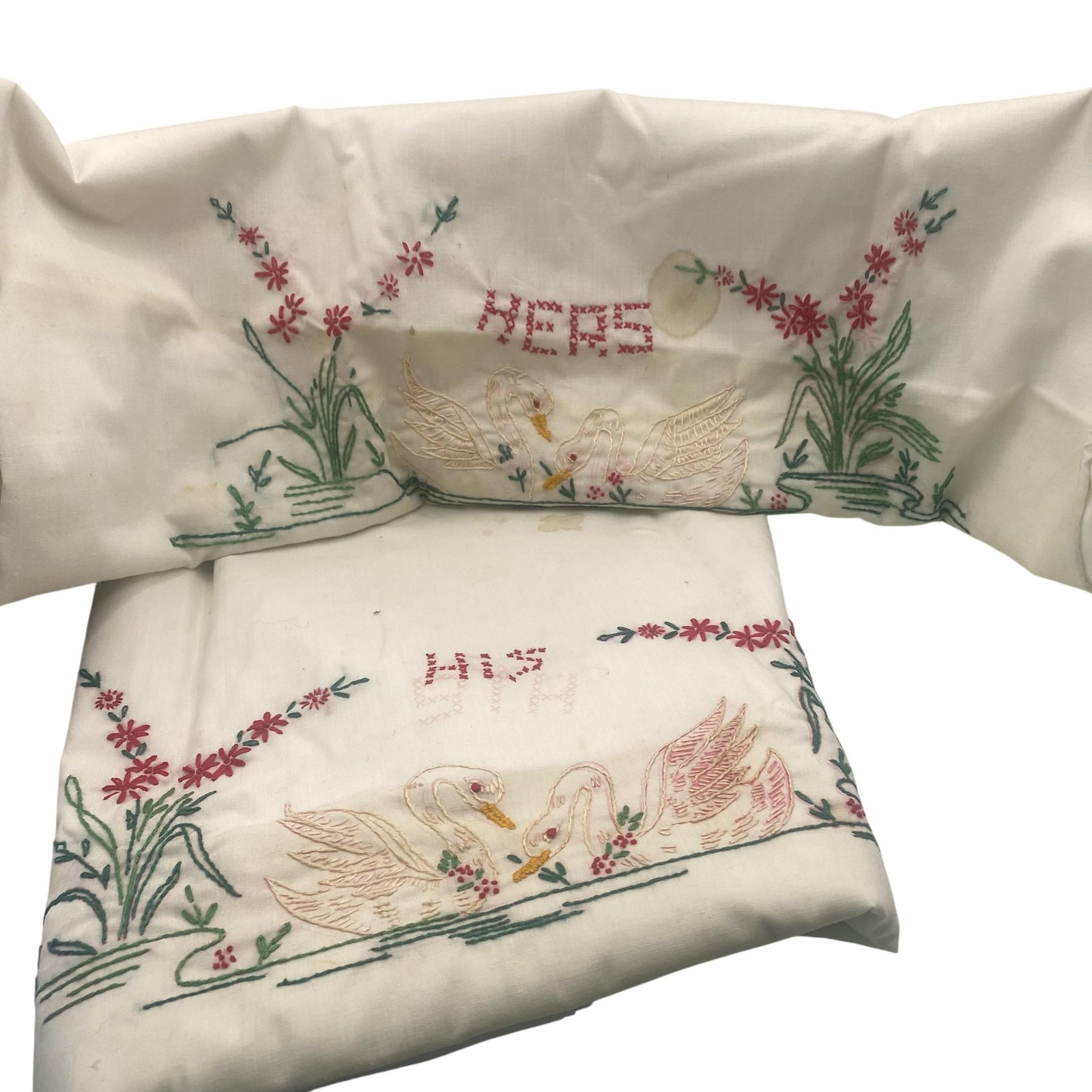 Vintage His Hers Swan Embroidered White Cotton Pillowcases Standard Size