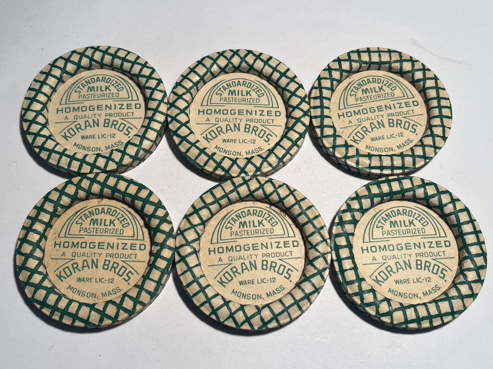Six vintage Pasteurized Milk Koran Bros. Monson, Mass. Massachusetts milk caps Six vintage Pasteurized Milk Koran Bros. Monson, Mass. Massachusetts milk caps
