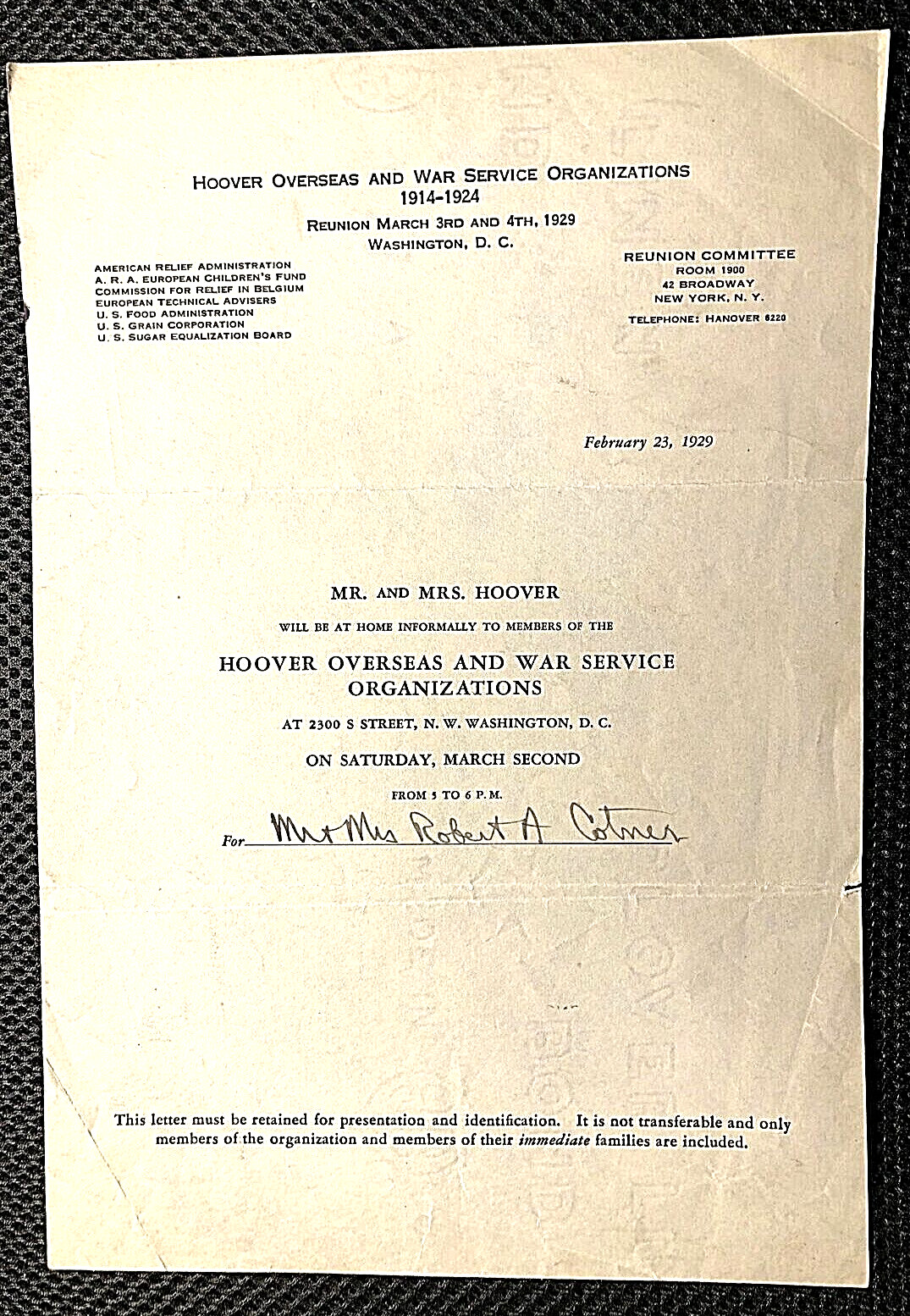HERBERT HOOVER VERY RARE ORIGINAL 1929 INVITATION TO VISIT HIM AT HIS HOME HERBERT HOOVER VERY RARE ORIGINAL 1929 INVITATION TO VISIT HIM AT HIS HOME
