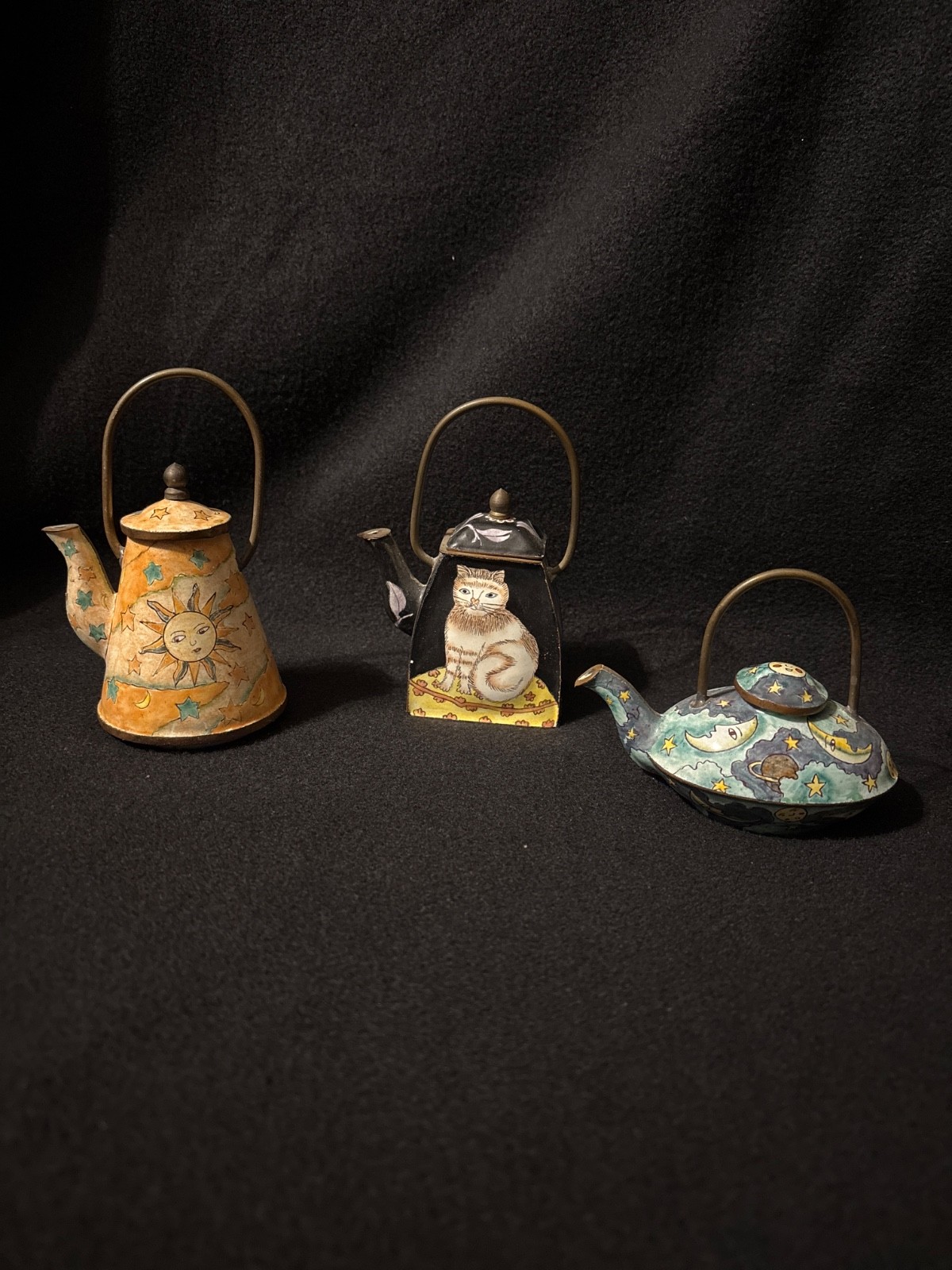 Empress Arts 3 piece Miniature Teapots Enameled Brass Trim Hand Painted Empress Arts 3 piece Miniature Teapots Enameled Brass Trim Hand Painted