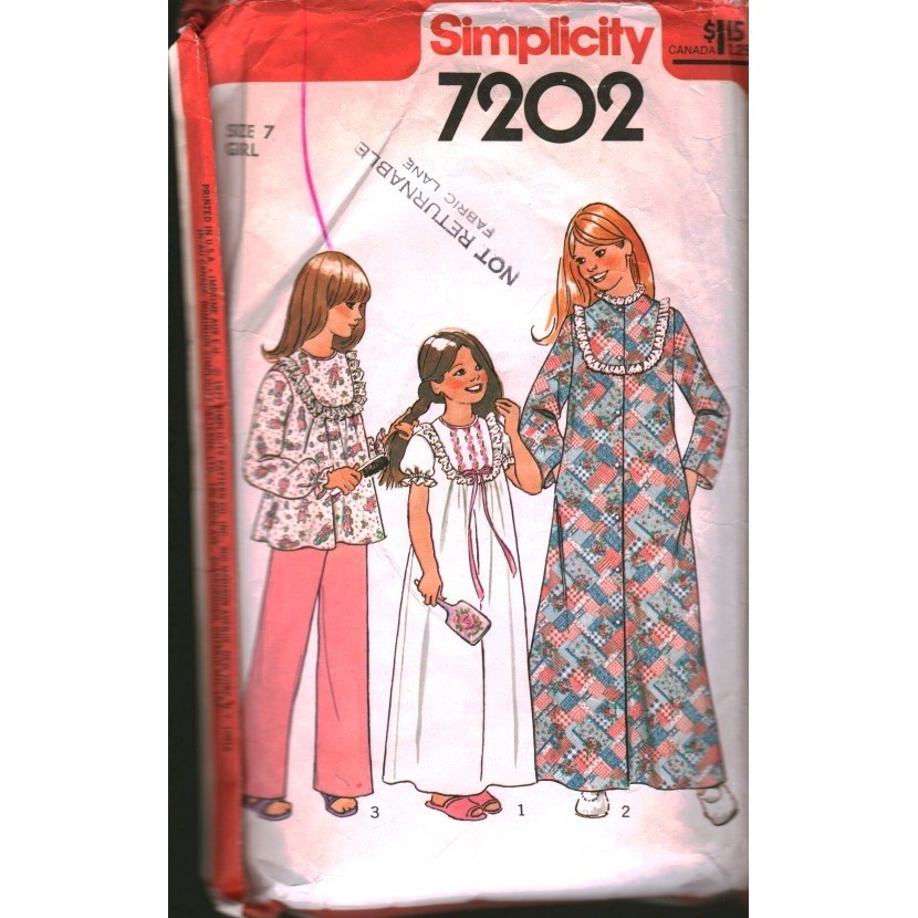 Simplicity 7202 Girls Robe Nightgown Pajamas Sewing Pattern Size 7 CUT Vintage