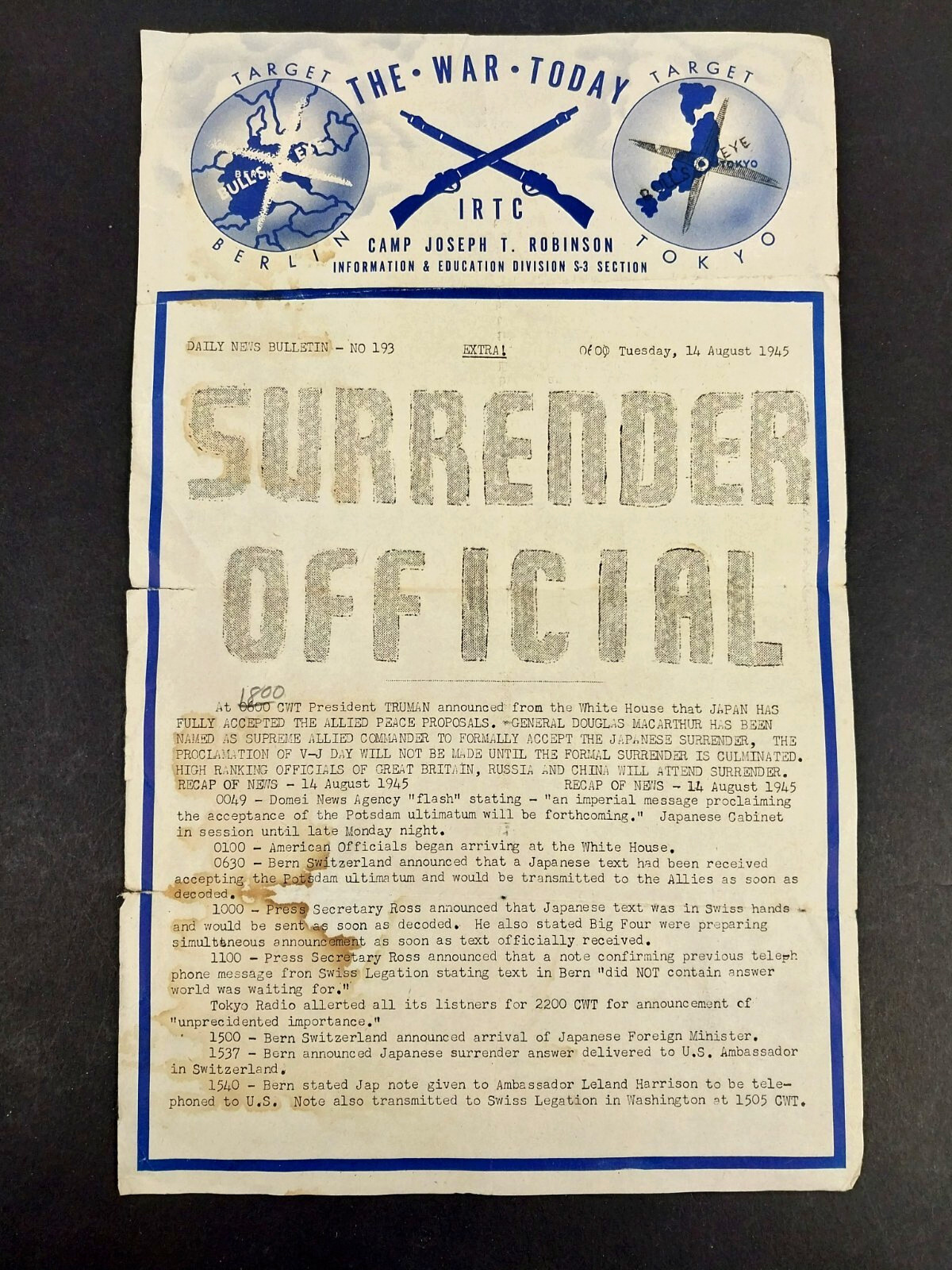 RARE WW2 The War Today IRTC Daily News Japan's Official Surrender Camp Bulletin RARE WW2 The War Today IRTC Daily News Japan's Official Surrender Camp Bulletin