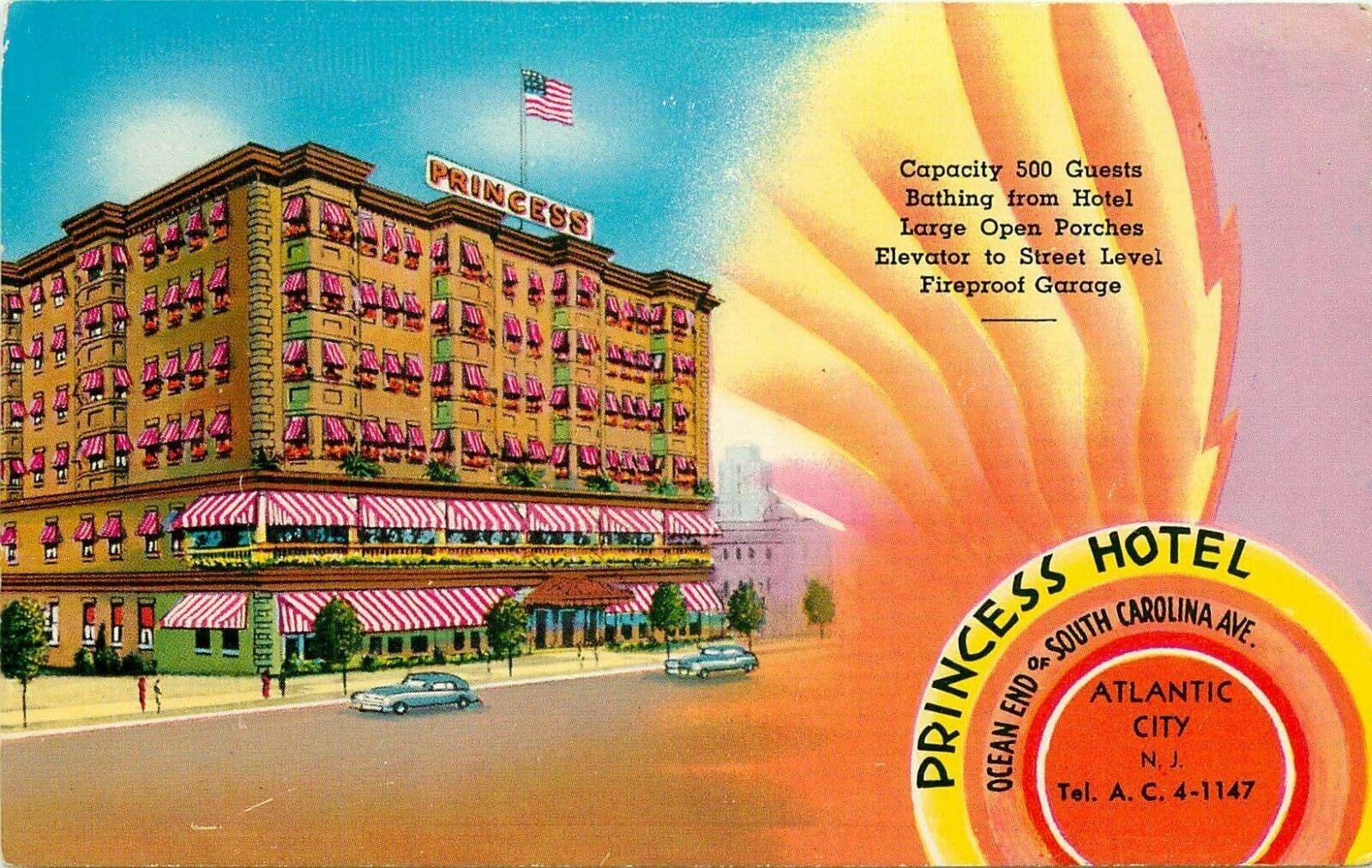 Princess Hotel Atlantic City NJ New Jersey old cars South Carolina Ave. Postcard
