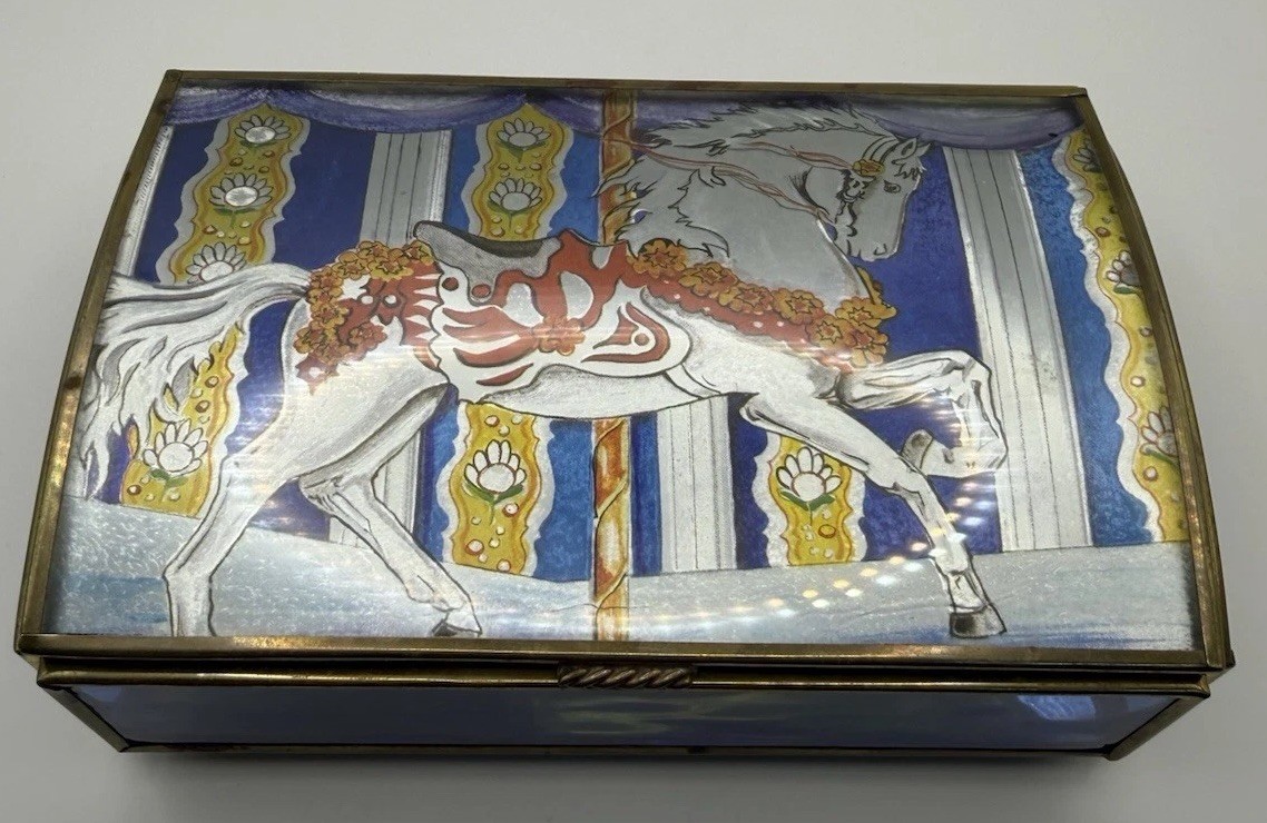 Vintage Via Vermont Blue Glass Brass Musical Jewelry Box Carousel Horse WORKS Vintage Via Vermont Blue Glass Brass Musical Jewelry Box Carousel Horse WORKS