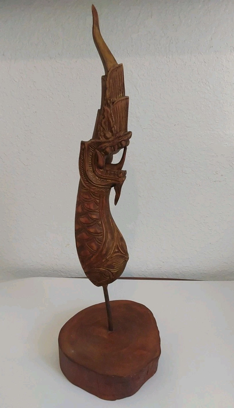 Vintage Naga Wood Carved Gilted Dragon On Wood Stand-Nice Shape 12 X 2.25 Vintage Naga Wood Carved Gilted Dragon On Wood Stand-Nice Shape 12 X 2.25