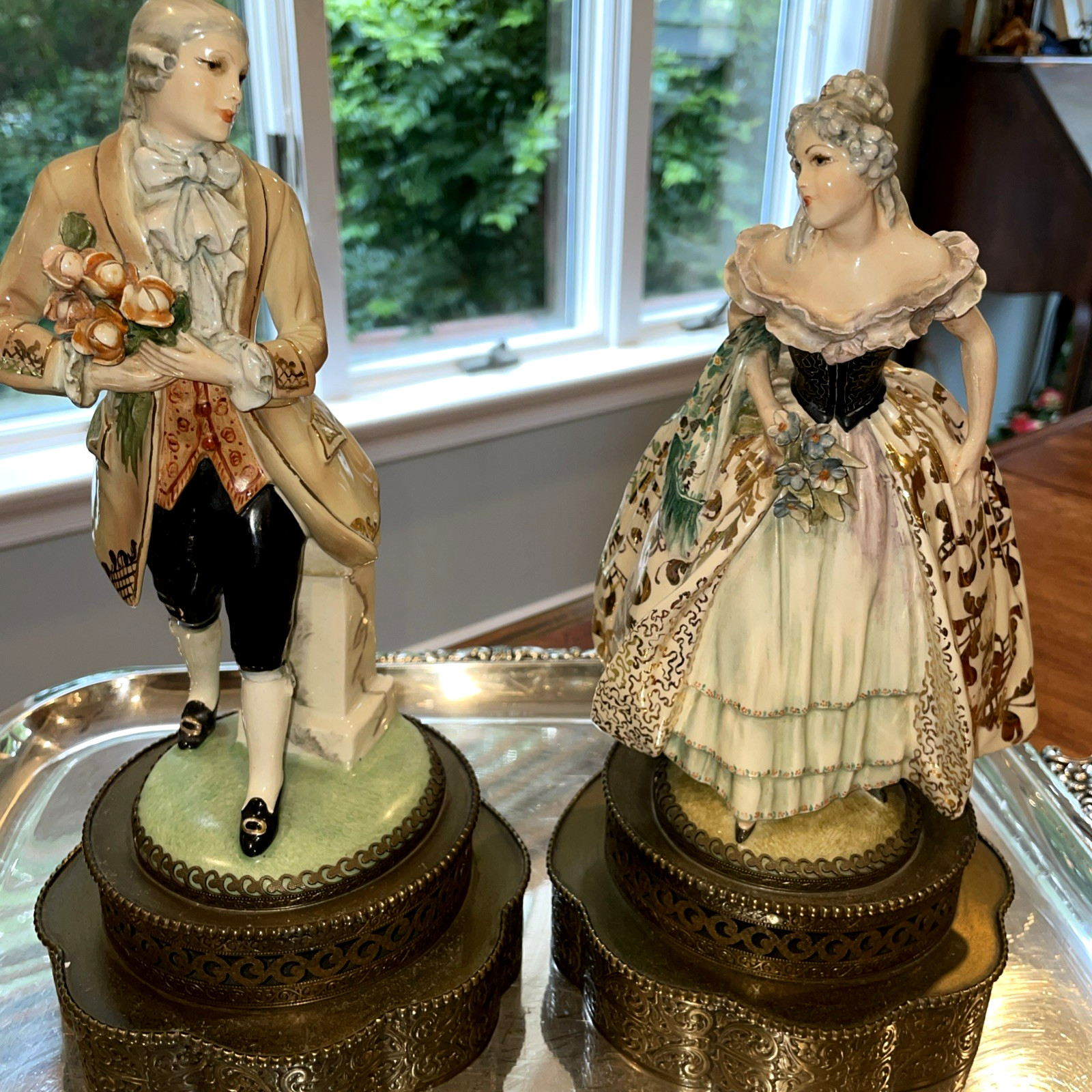 Vintage Ornate Victorian Style Porcelain Figurines Pierced Brass Base Pair Lot Vintage Ornate Victorian Style Porcelain Figurines Pierced Brass Base Pair Lot