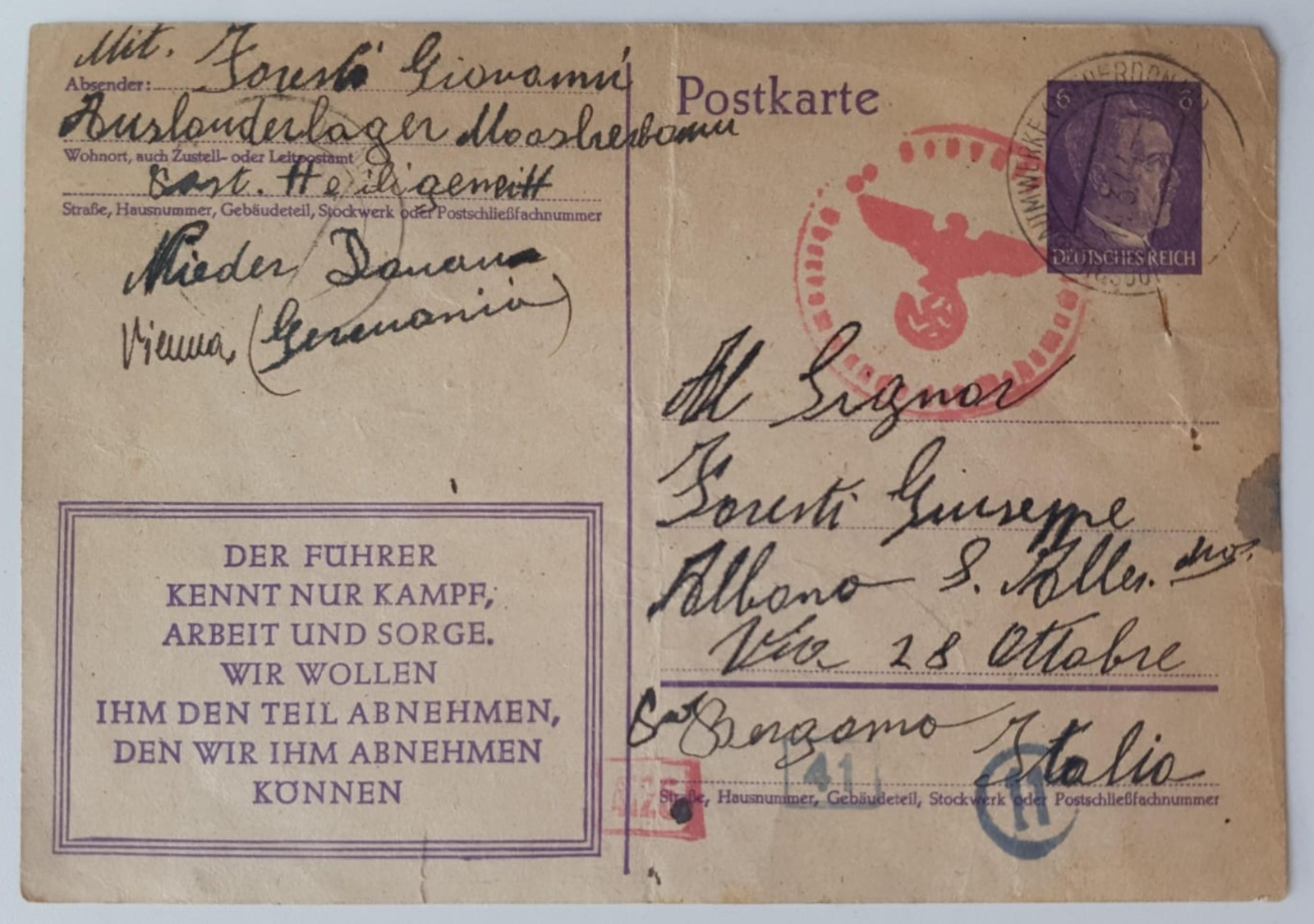 WWII 1944 Moosbierbaum Labor Camp Postcard Third Reich Censor Austria Mail WWII 1944 Moosbierbaum Labor Camp Postcard Third Reich Censor Austria Mail
