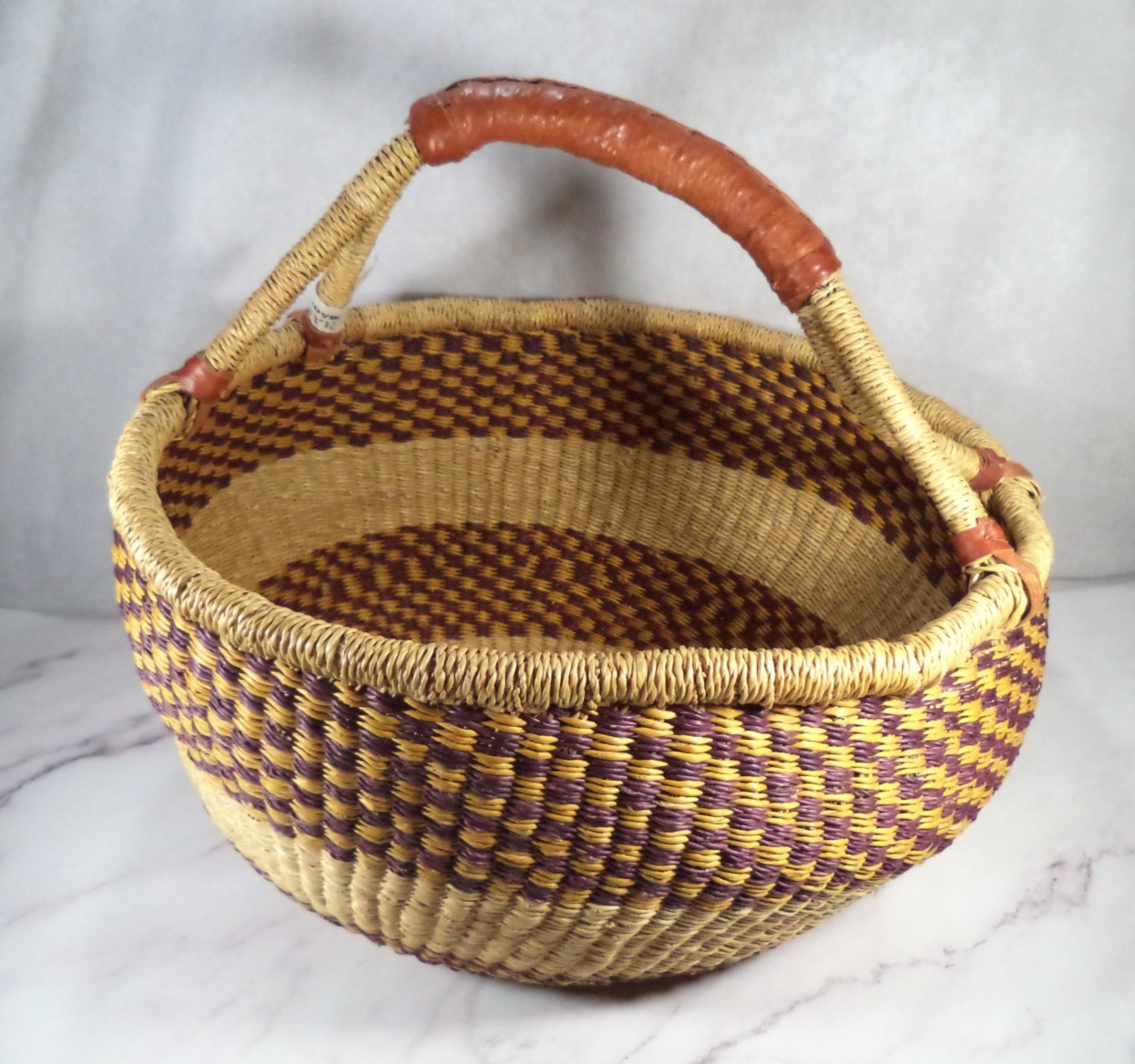 African Market Basket Bolga Ghana Handwoven Straw Large Leather Wrapped Handle