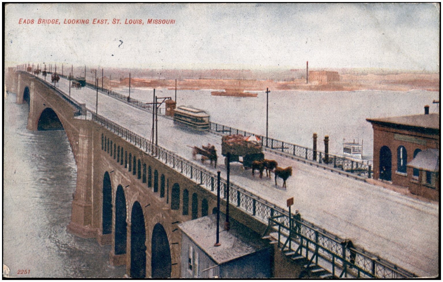 1909 Eads Bridge St. Louis MO Postcard Horse Drawn Wagons Streetcar Stamp Posted