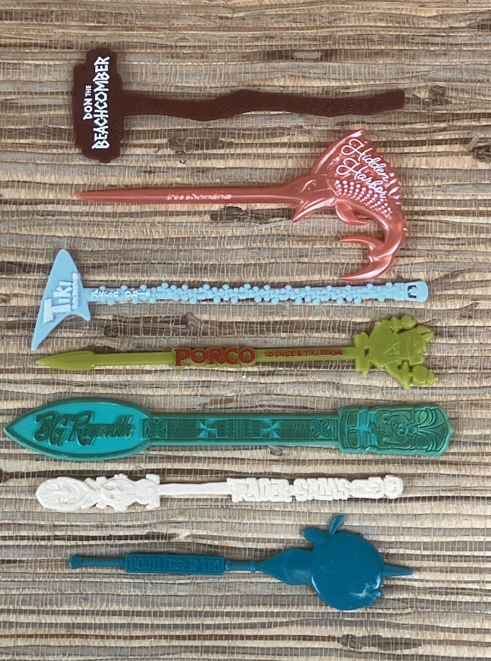7 TIKI Bar Swizzle Stick Beachcomber Underground Bootlegger Porco Hidden Harbor