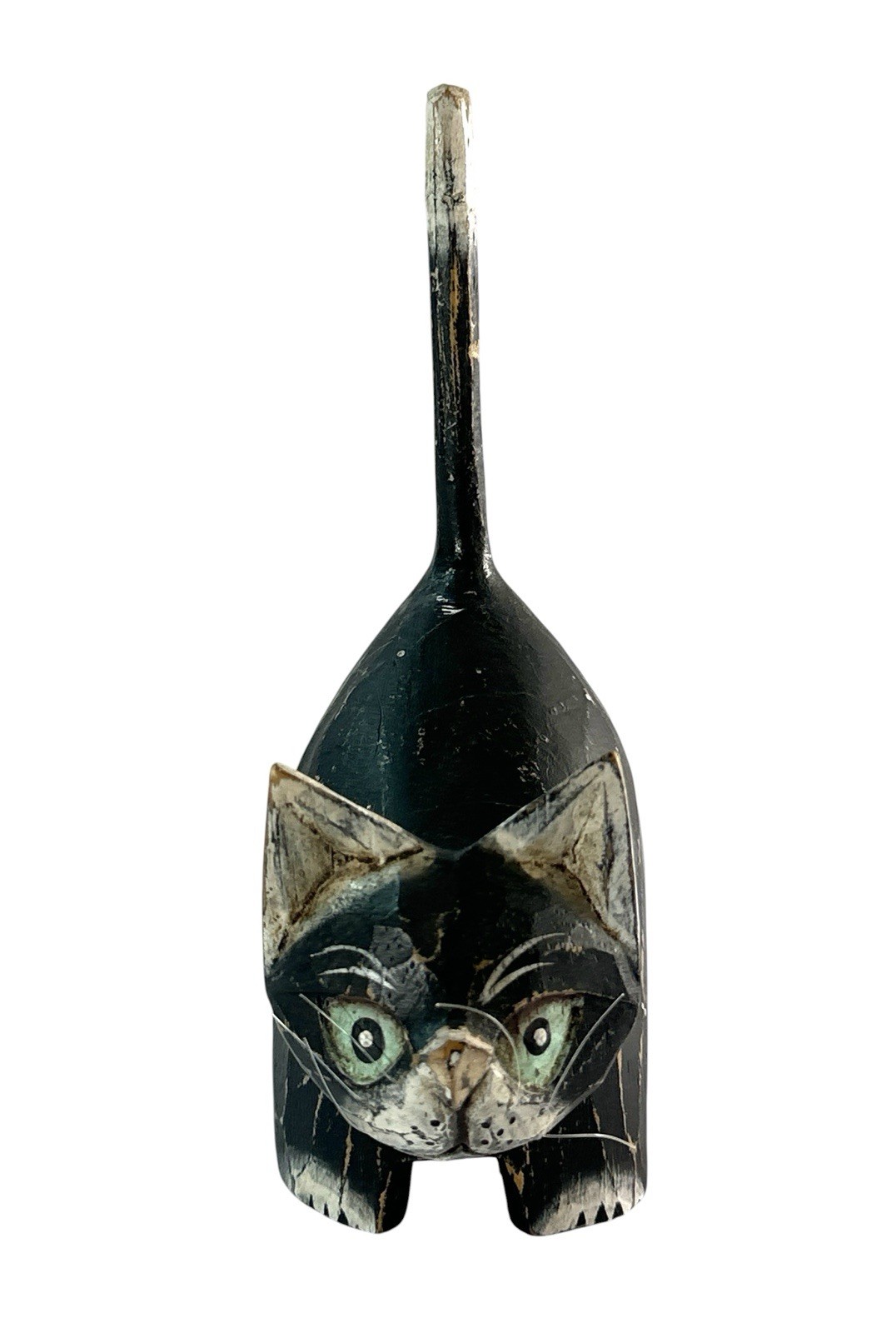 Vintage Hand Carved Wood Black Cat Figurine Folk Art Primitive Rustic Decor