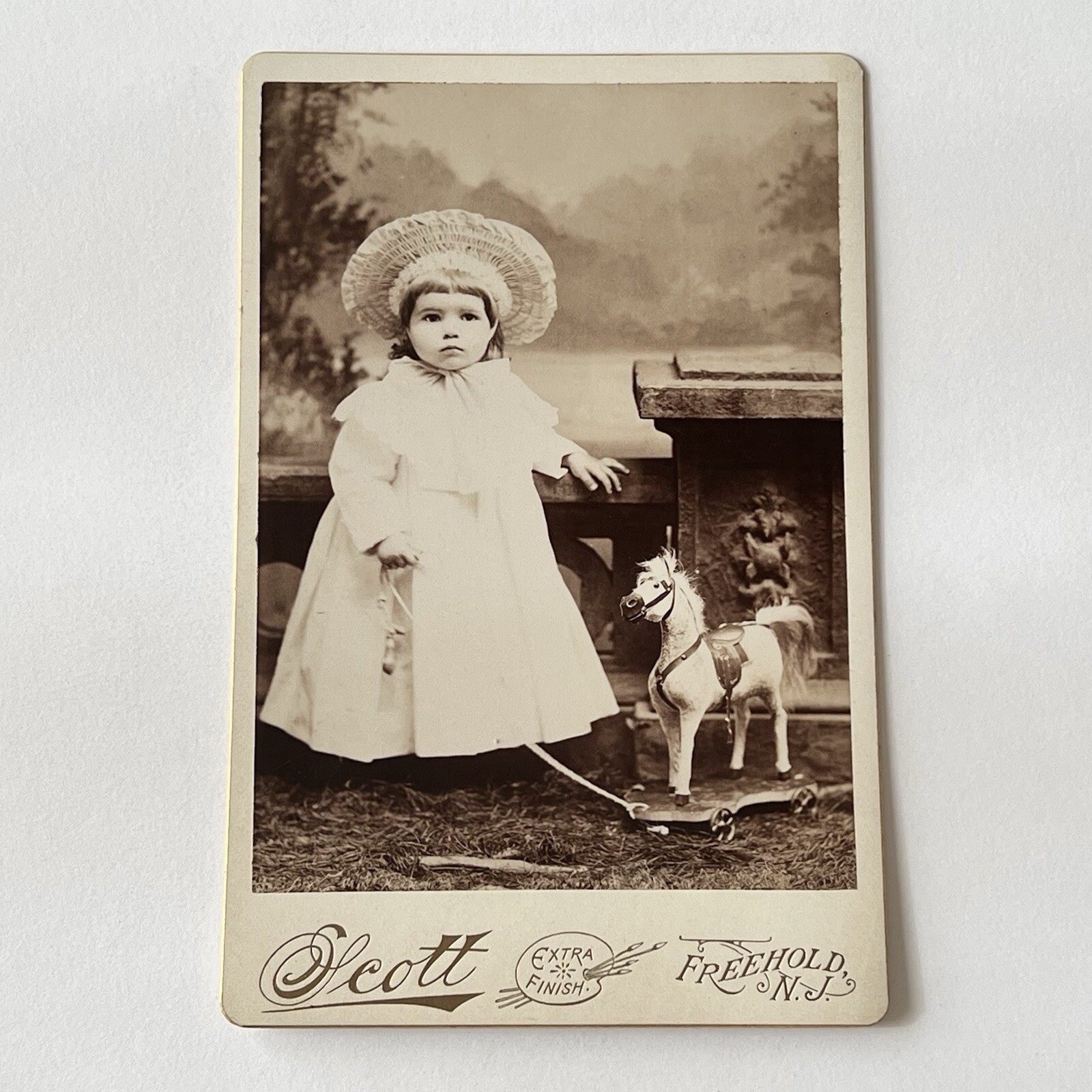 Antique Cabinet Card Photograph Adorable Sweet Girl Pull Horse Toy Freehold NJ