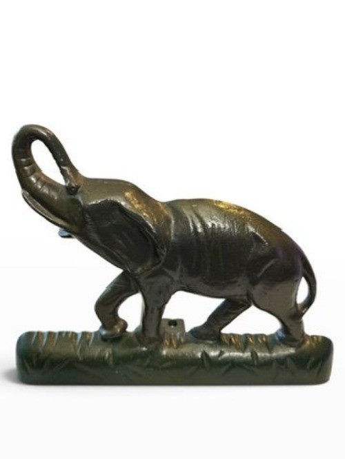 Vintage Cast Iron Elephant Doorstop, Trunk Up, Dark Green Black Finish, 11 In Lo