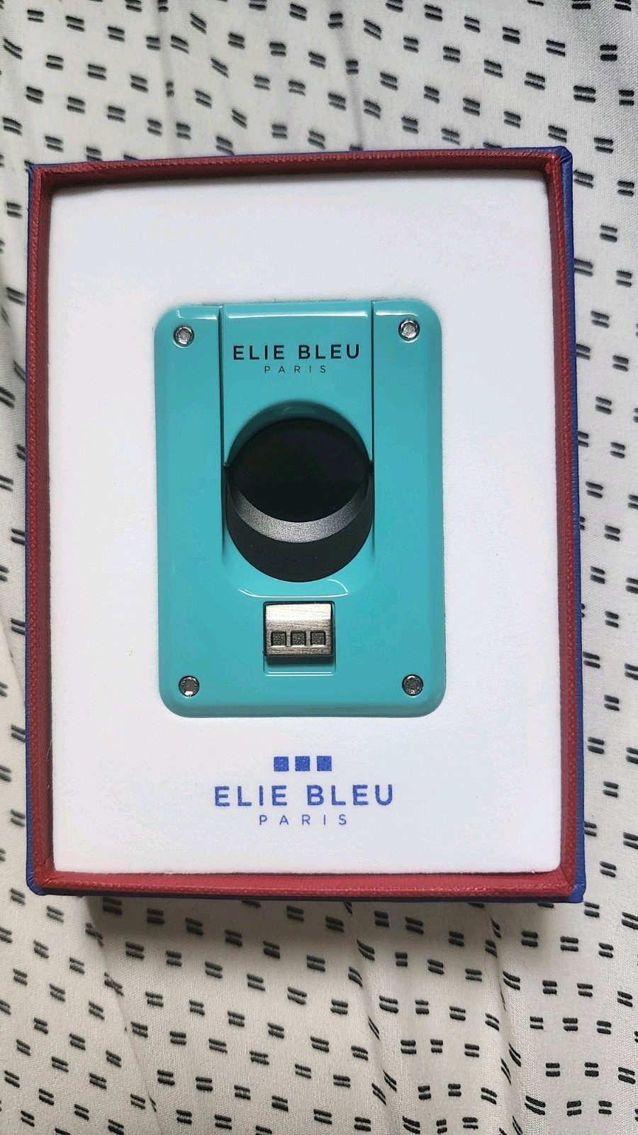 Elie Bleu Slide Button Cigar Cutter, Gloss Teal with Black Blades, EBC4413, NIB