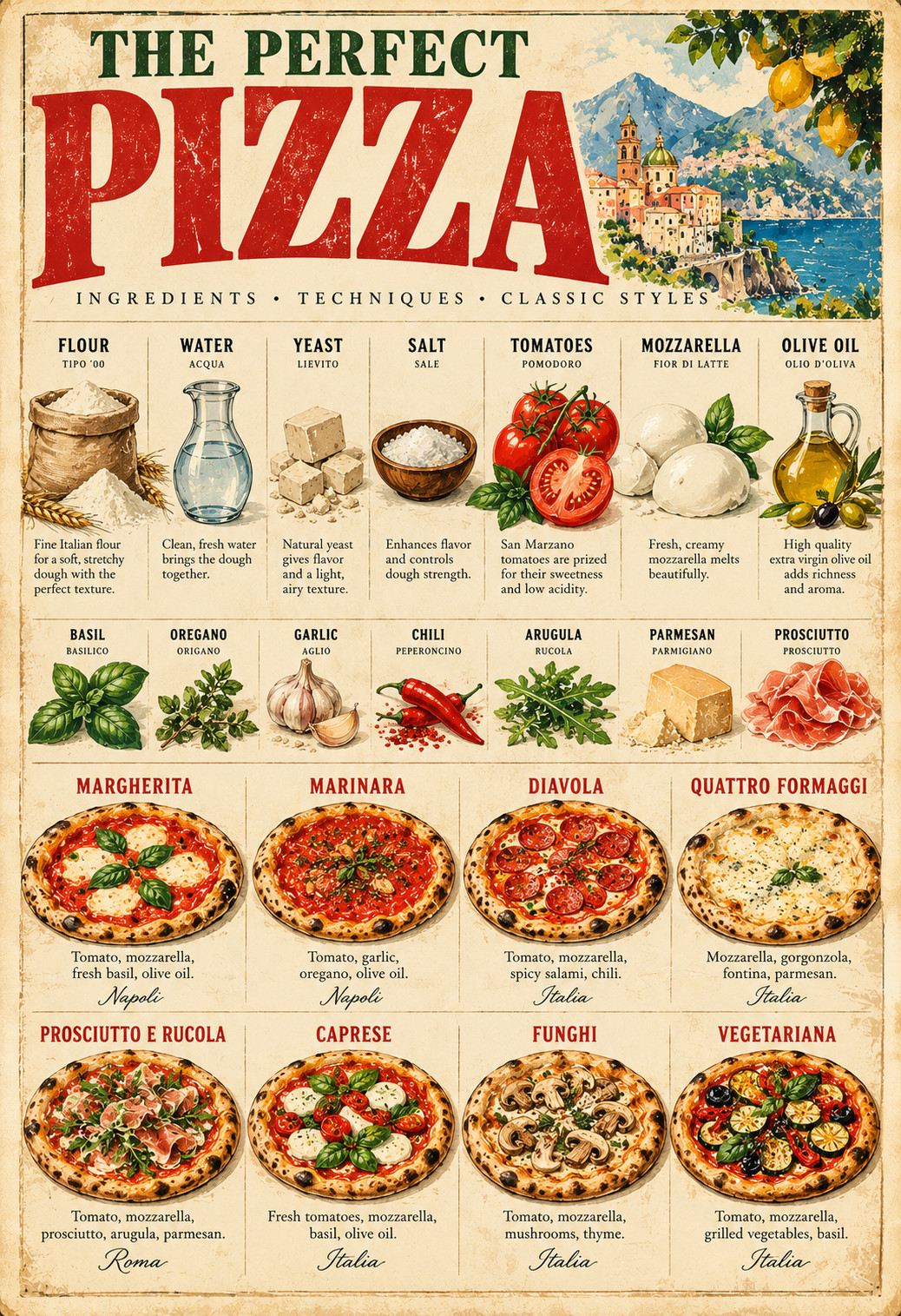 The Perfect Pizza Vintage Italian Food Chart Kitchen Wall Art Poster 13x19 The Perfect Pizza Vintage Italian Food Chart Kitchen Wall Art Poster 13x19