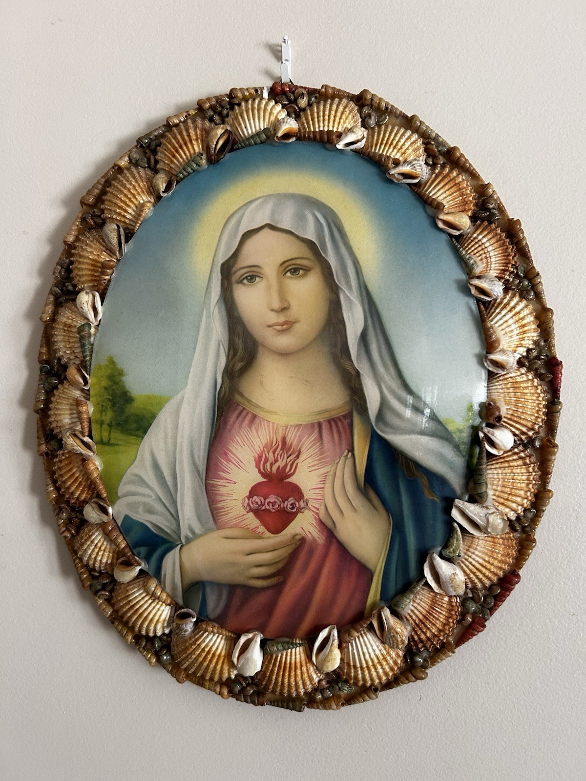 Vintage Immaculate Heart Of Mary Convex Glass In Shell Frame Vintage Immaculate Heart Of Mary Convex Glass In Shell Frame