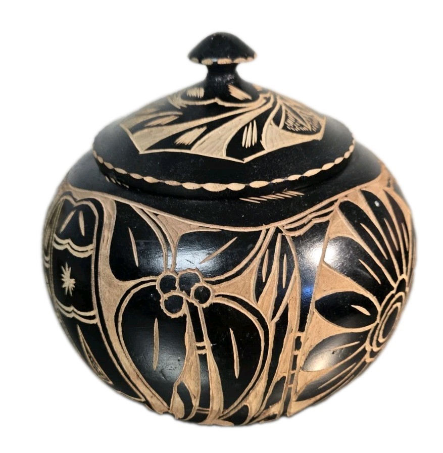 Large  Handcarved Wooden Black Floral/Donkey decorative lidded vessel/bowl