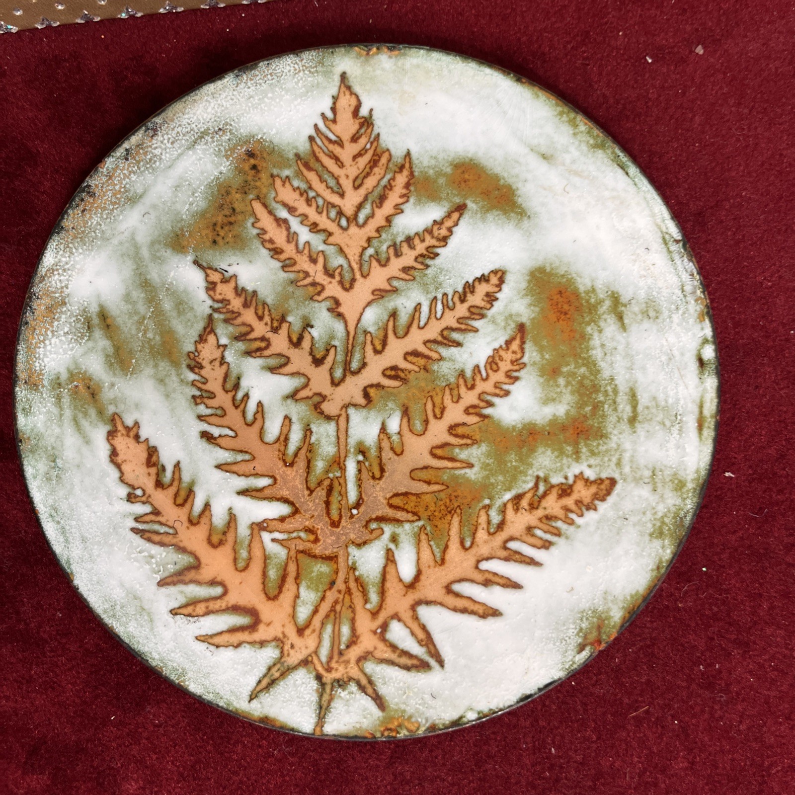 MCM Vintage Enameled Copper 8” Plate With Fern Design MUST SEE MCM Vintage Enameled Copper 8” Plate With Fern Design MUST SEE