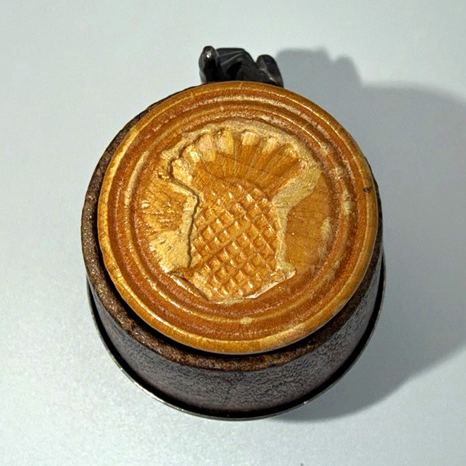 Antique Wooden Butter Mold Plunger Stamp Thistle 19thC Primitive Metal Cup Treen