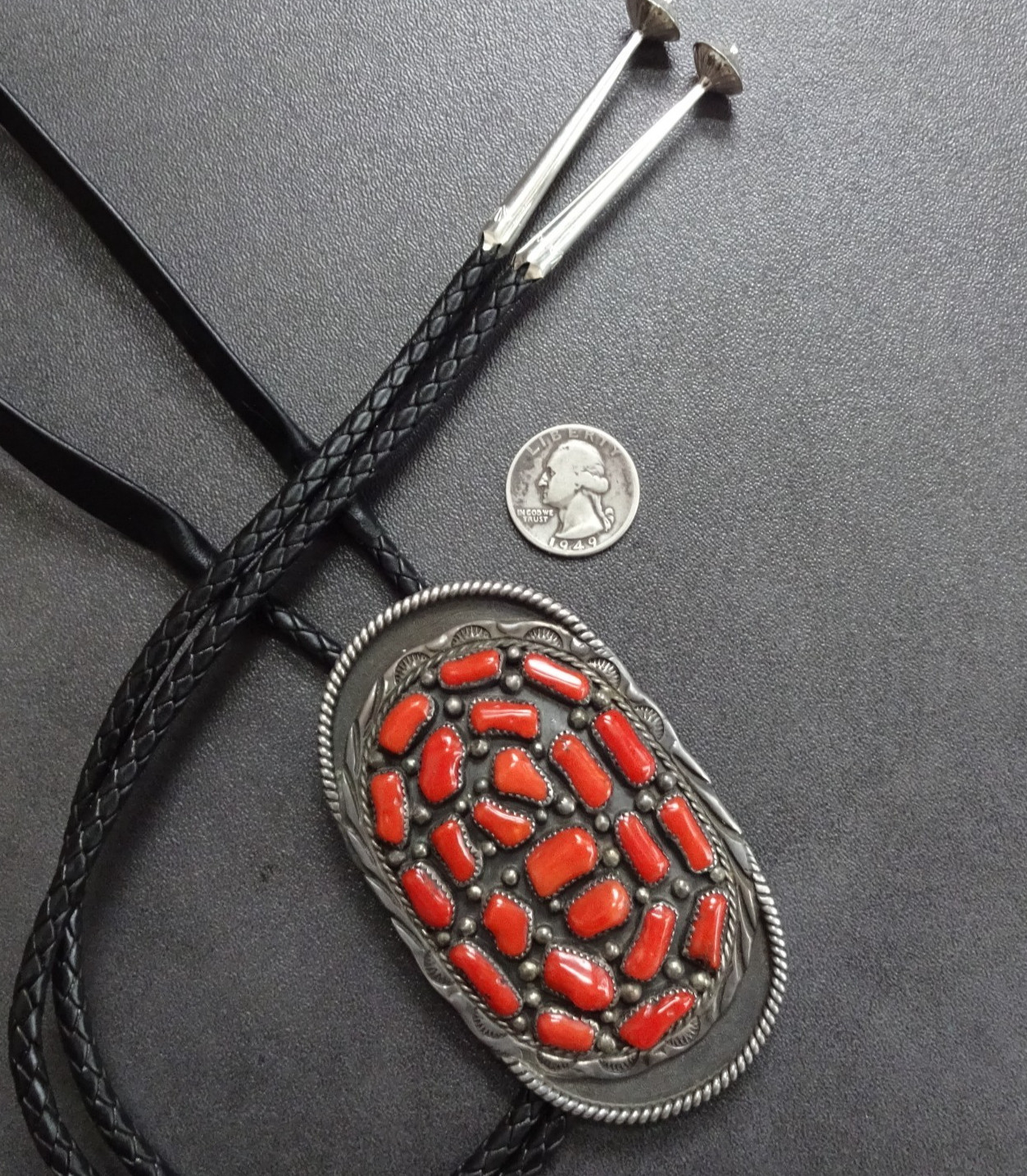 Huge Vintage FRED THOMPSON Navajo Sterling Silver OLD RED MED CORAL BOLO Tie