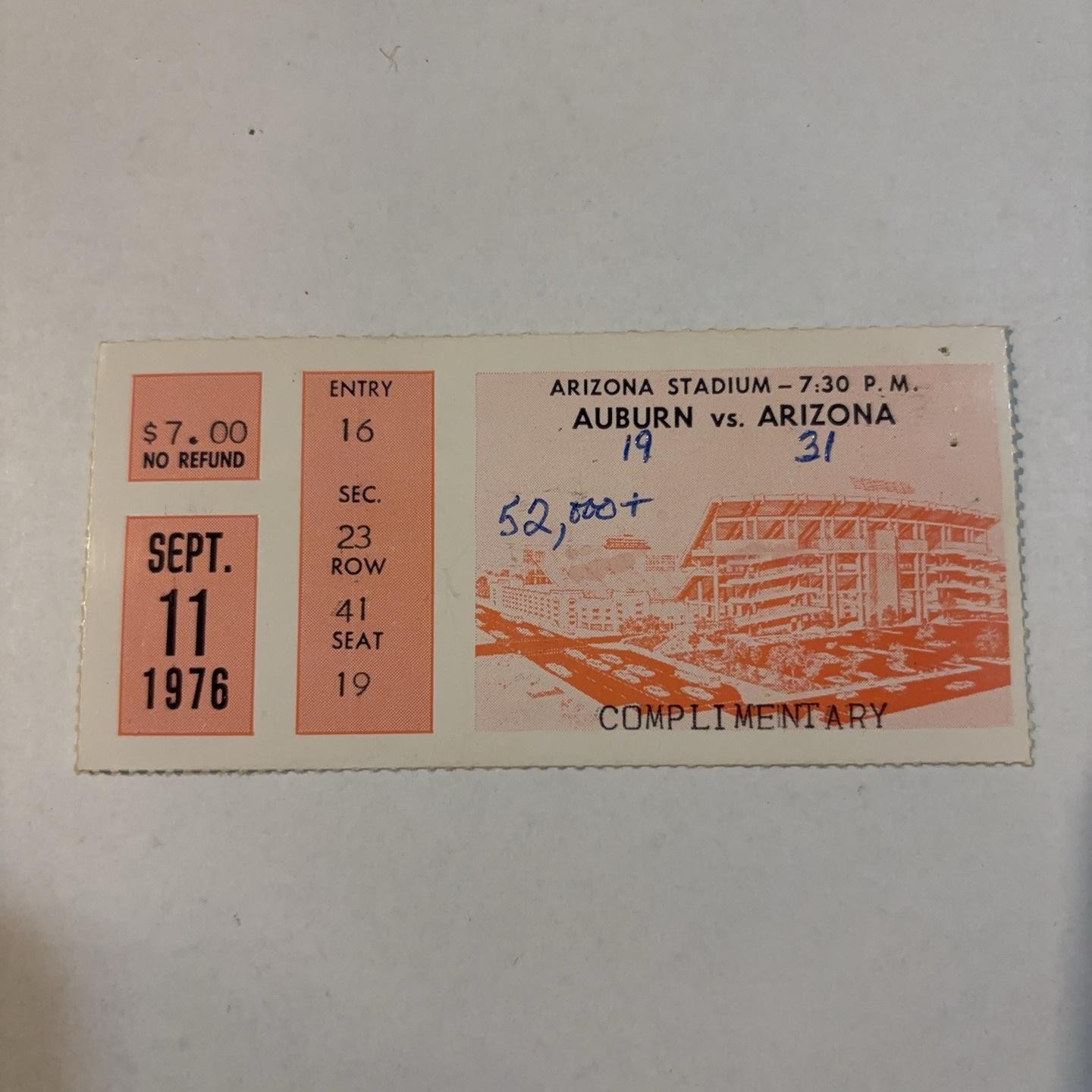 Vintage 1976 Auburn Vs Arizona Football Ticket Complimentary Arizona Stadium 70s Vintage 1976 Auburn Vs Arizona Football Ticket Complimentary Arizona Stadium 70s