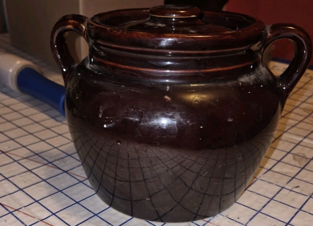 Vintage USA Brown Glazed Stoneware Bean Pot Handled Crock with Lid Farmhouse Vintage USA Brown Glazed Stoneware Bean Pot Handled Crock with Lid Farmhouse