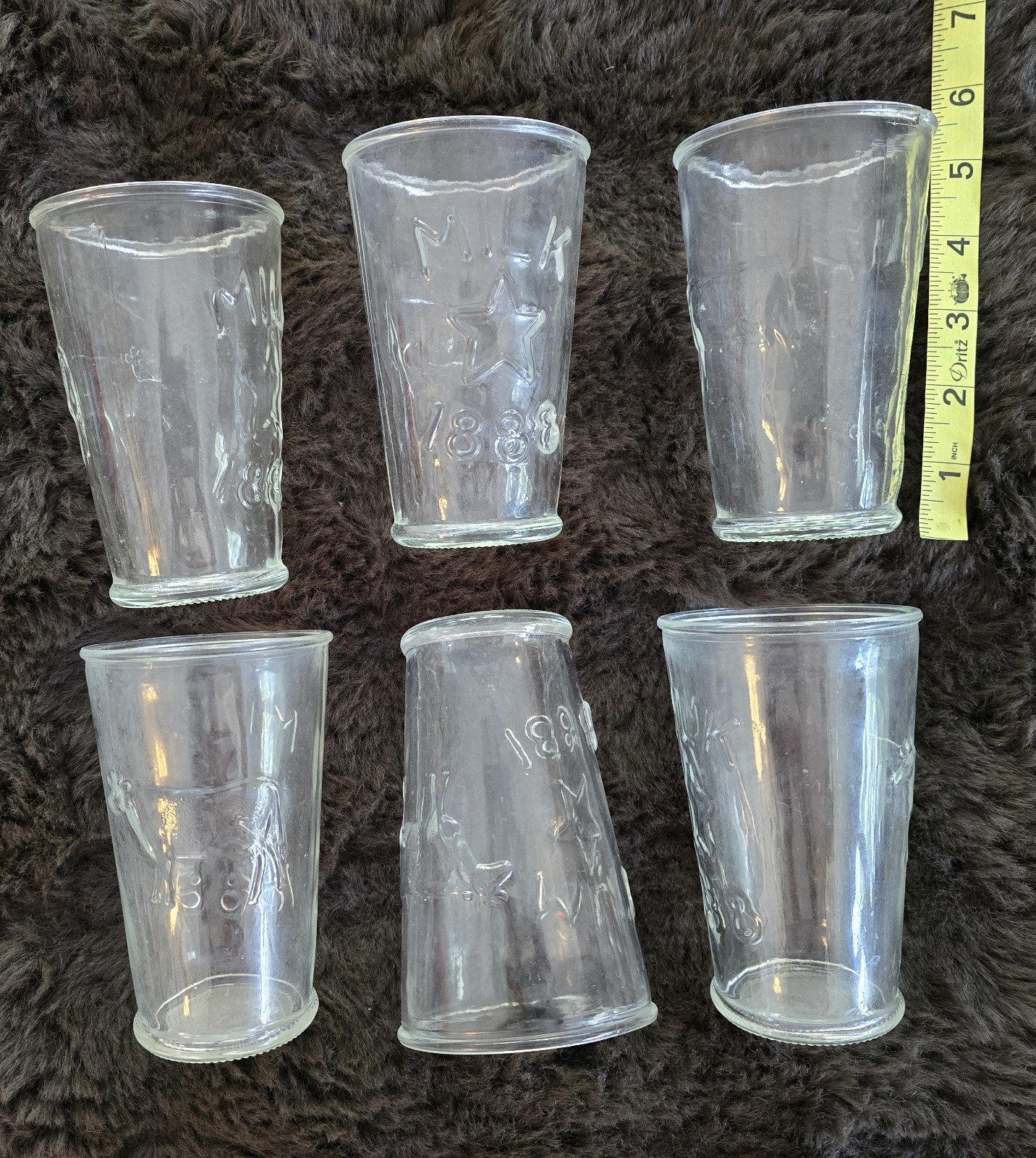 Set of 6 Vintage Libbey Milk Glass Tumblers Embossed Cow Star 1888 Canada 5\ Set of 6 Vintage Libbey Milk Glass Tumblers Embossed Cow Star 1888 Canada 5\