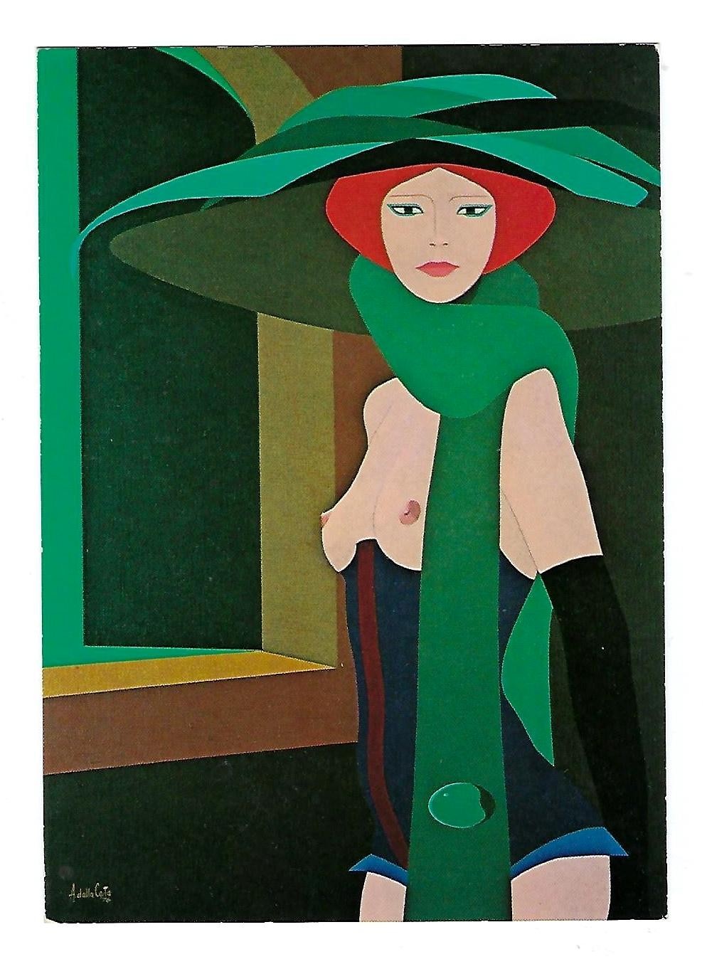“The Green Scarf” 1976 Art Postcard – Amleto Dalla Costa, Italy, Risque “The Green Scarf” 1976 Art Postcard – Amleto Dalla Costa, Italy, Risque