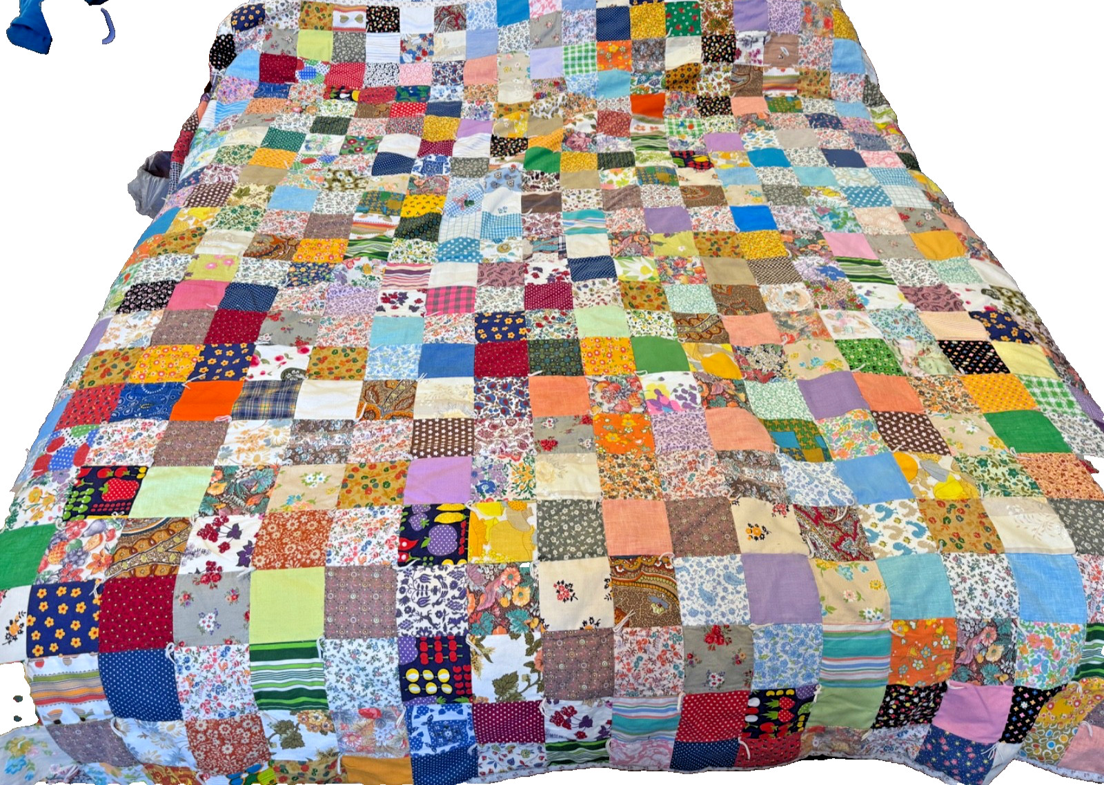 Bright Patchwork Squares Antique Square Full Size Quilt Hand Tied Completed