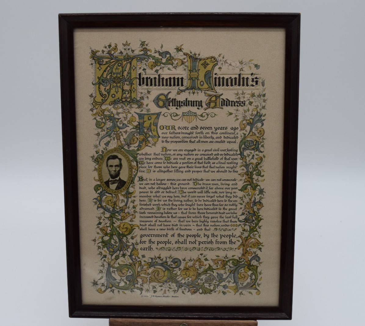 Framed Lincoln’s Gettysburg Address Print J. R. Rosen Studios 1956 12\