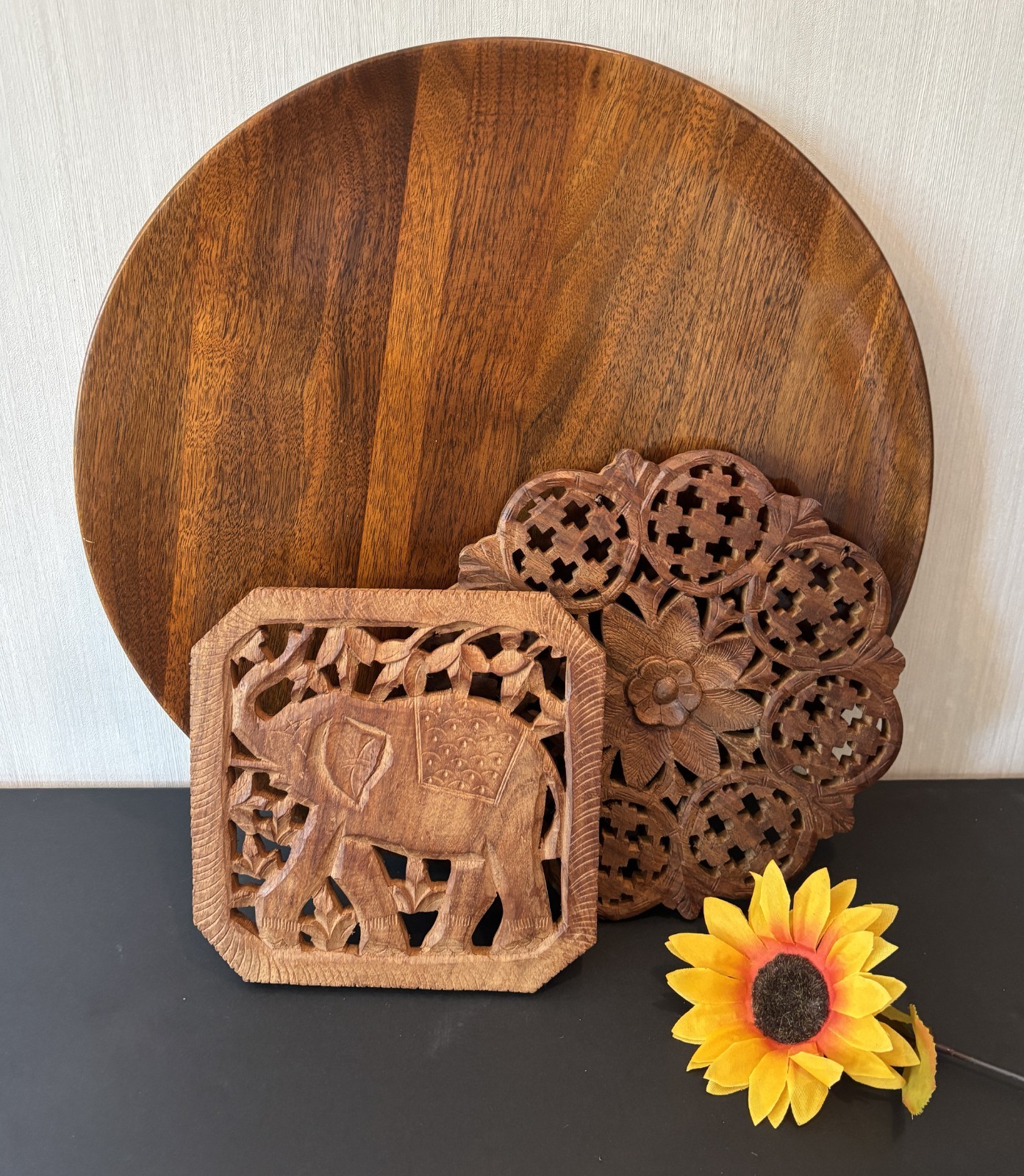 Vintage Mid Century Teak Wood Serving Tray Handcarved Trivets Woodlets Hot Plate Vintage Mid Century Teak Wood Serving Tray Handcarved Trivets Woodlets Hot Plate