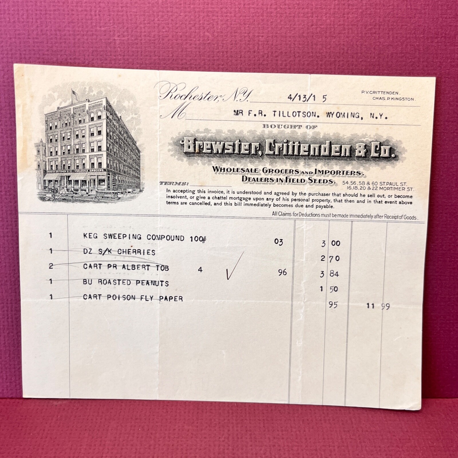Antique billhead receipt Brewster Grocers 4/13/15 Rochester NY SL2 Antique billhead receipt Brewster Grocers 4/13/15 Rochester NY SL2