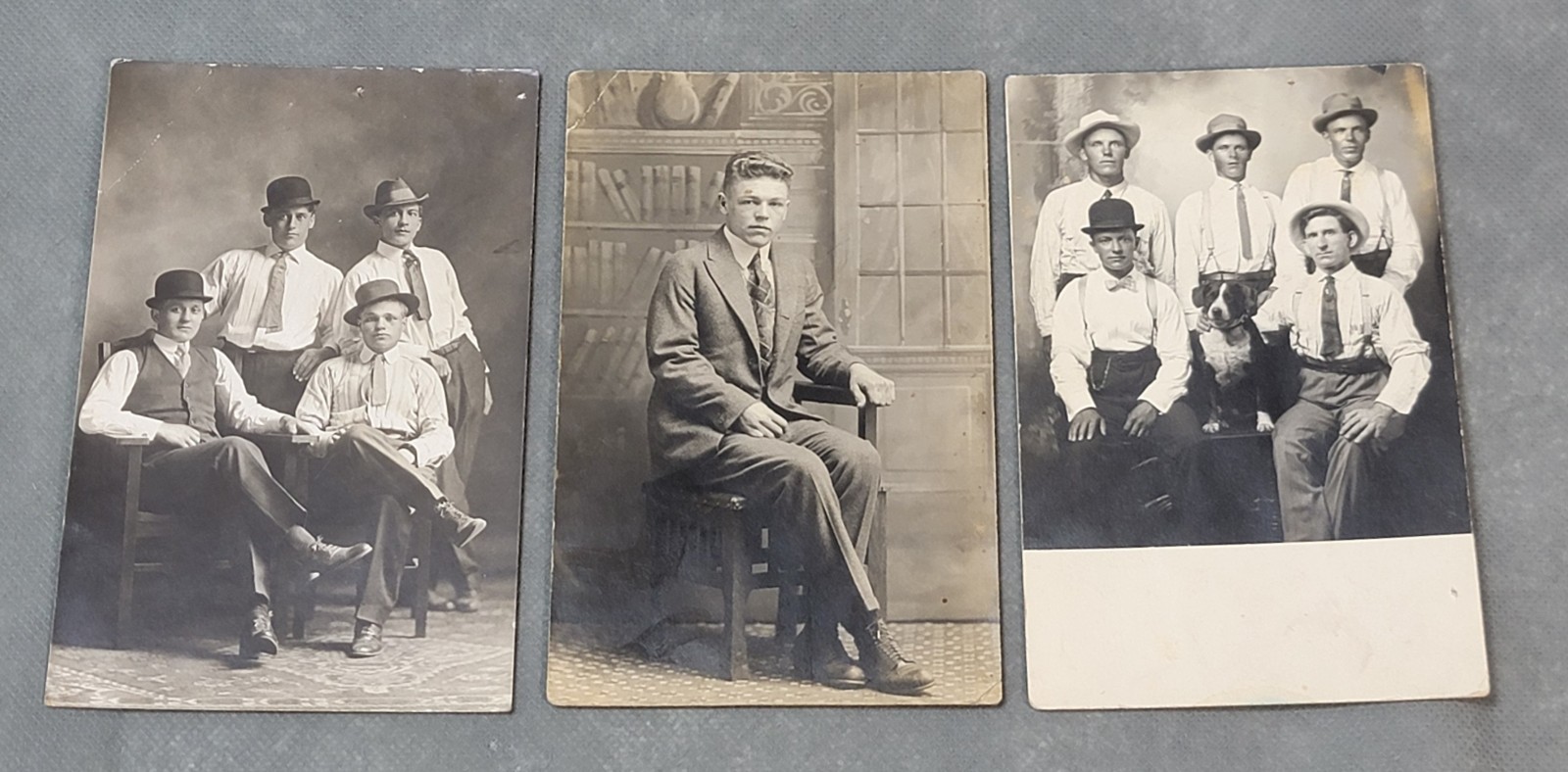 Vintage RPPC Real Photo GENTLEMEN WITH HATS & DOG Unused POSTCARDS Lot of 3 Vintage RPPC Real Photo GENTLEMEN WITH HATS & DOG Unused POSTCARDS Lot of 3
