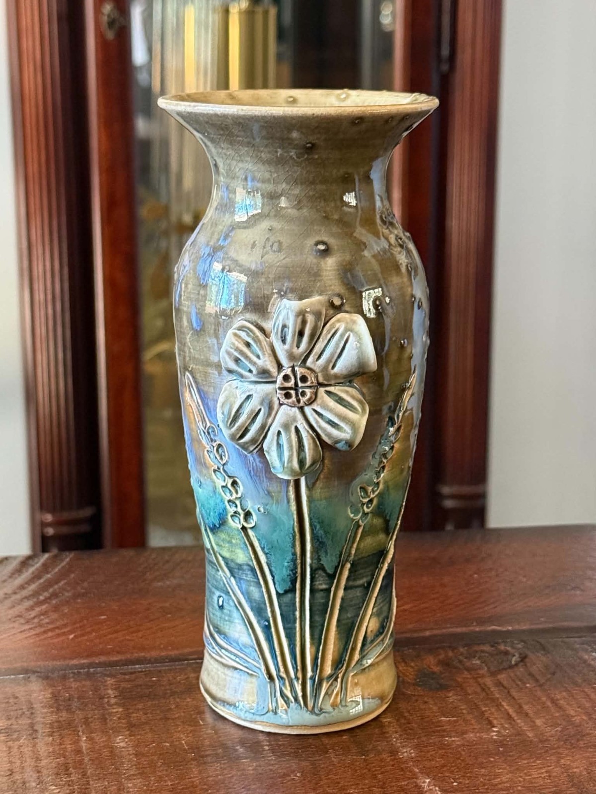 Studio Art Pottery Flared Vase Signed JM Applied Flower 3D Turquoise Brown 7.5\